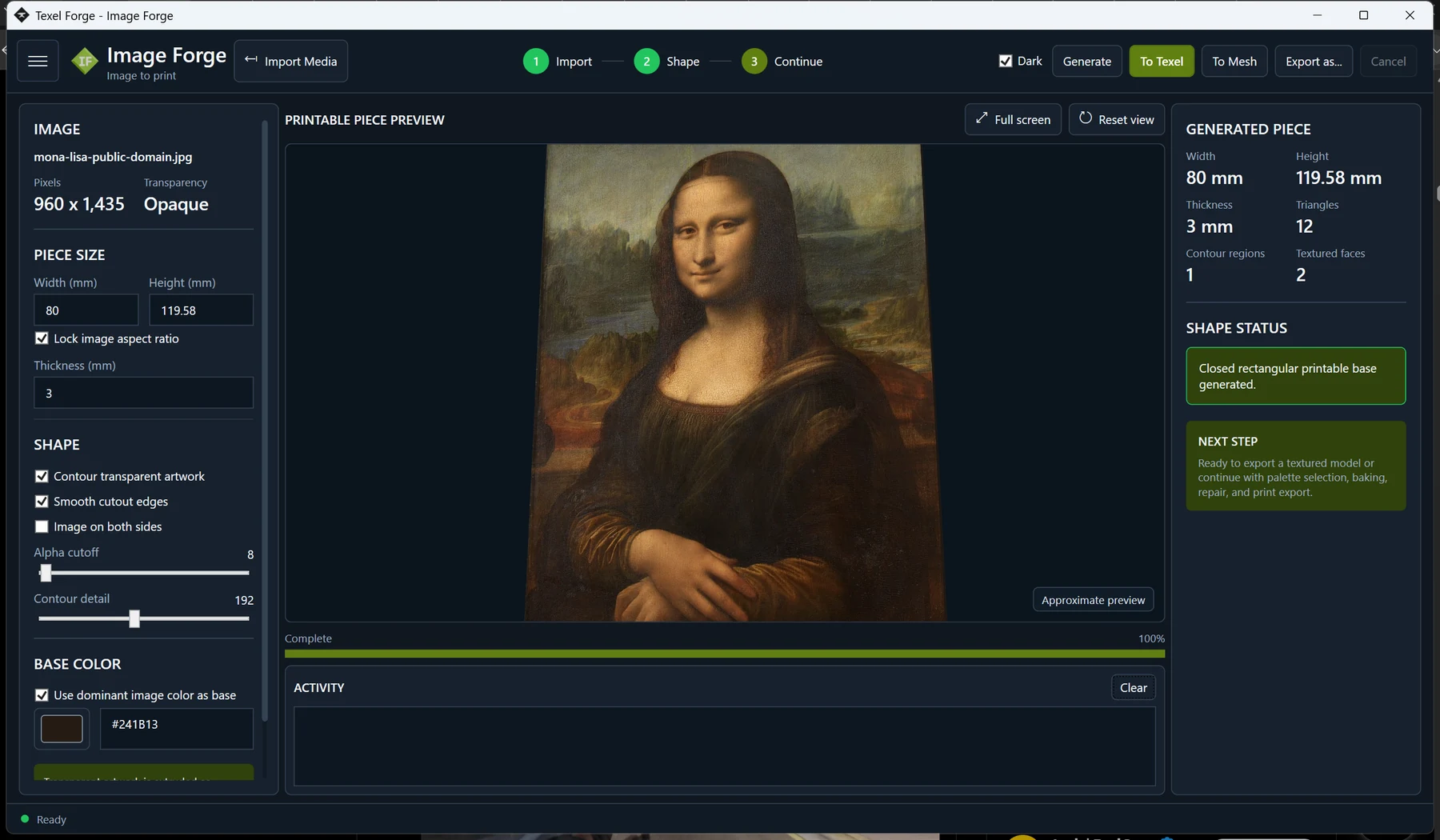 Image Forge preparing the Mona Lisa as a complete rectangular image-based model
