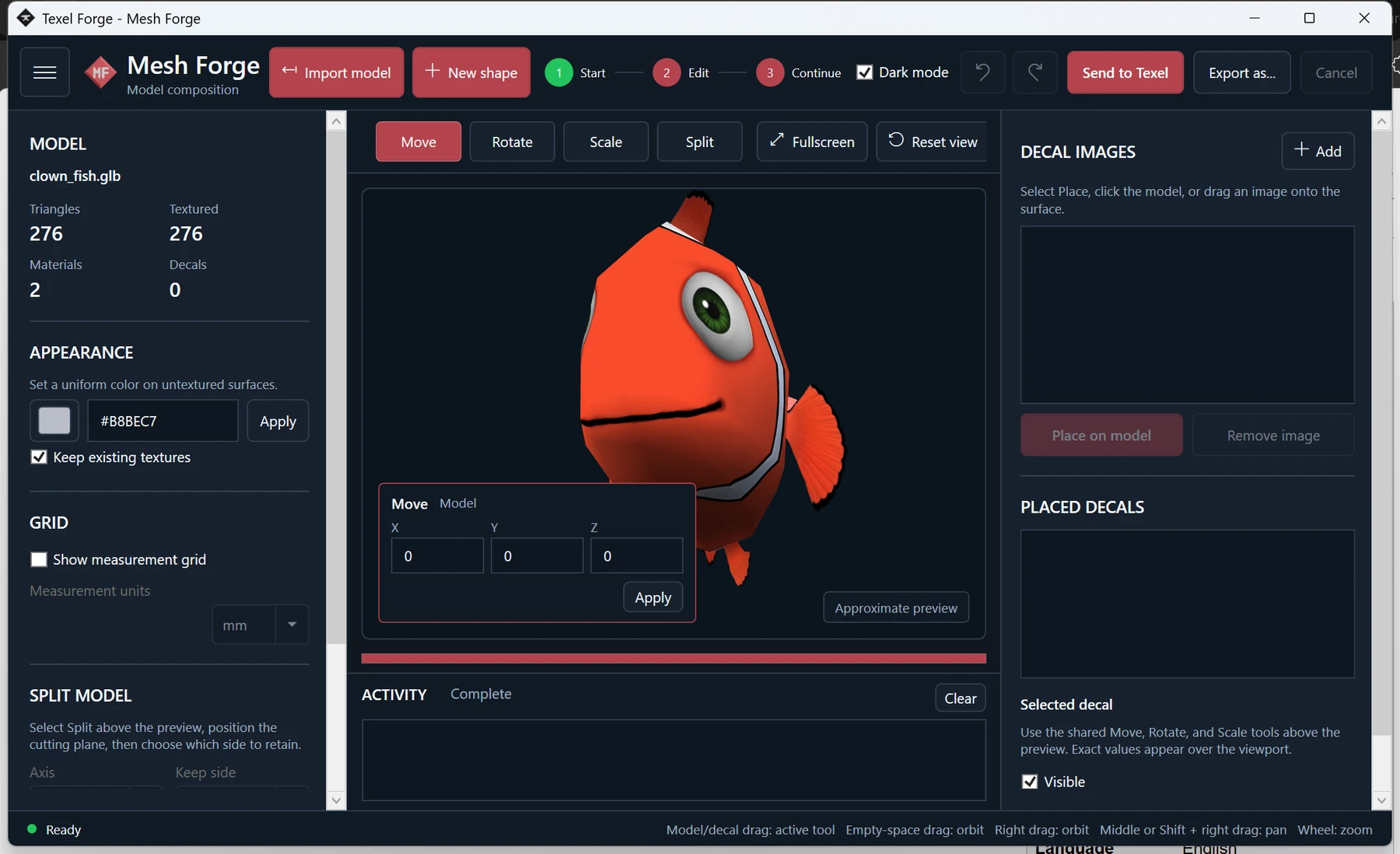 Mesh Forge composing a brightly textured clown fish model