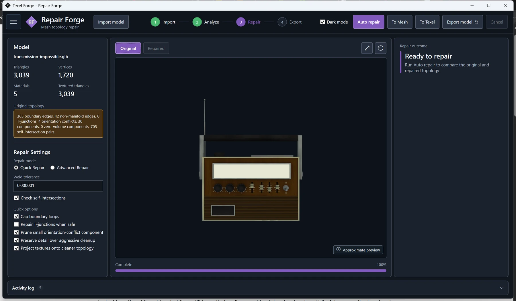 Repair Forge inspecting topology diagnostics for a textured radio model