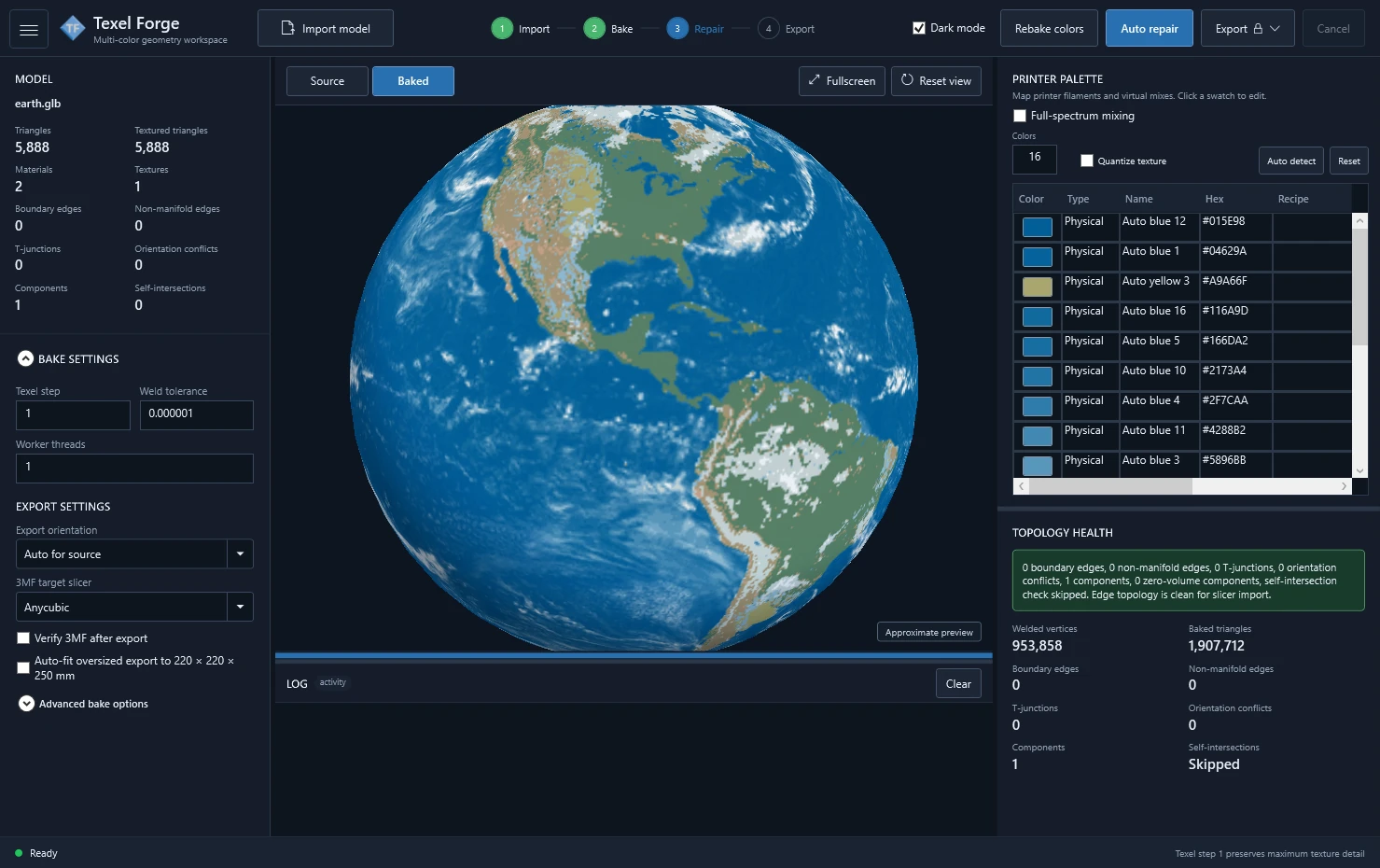 Texel Forge previewing a photographic Earth model baked into a 16-color printable palette
