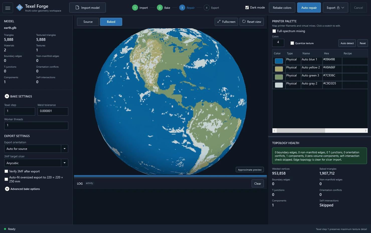 Texel Forge baked preview of the Earth model using four detected printer colors