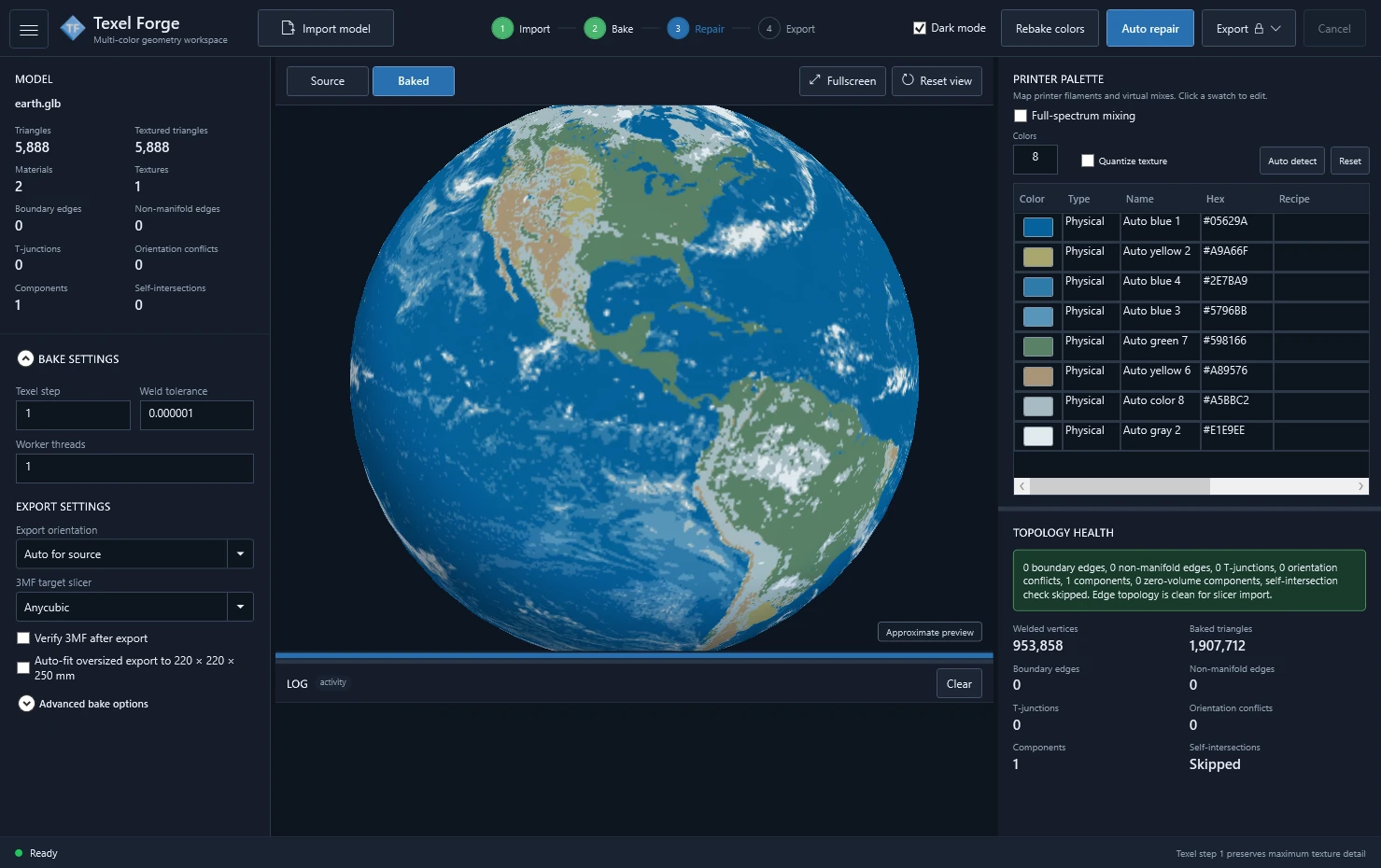 Texel Forge baked preview of the Earth model using eight detected printer colors